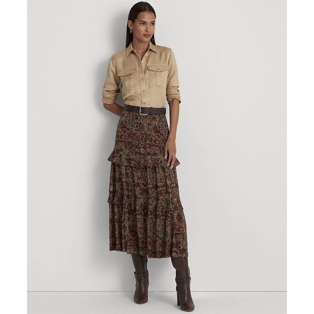 Ralph Lauren Women’s Size 2 Floral Crinkle Georgette Tiered Skirt Midi Party